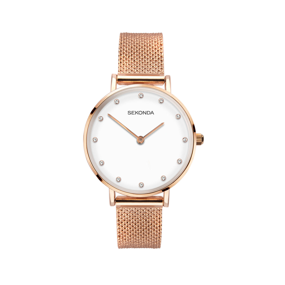 Round rose gold watch with white dial, dot markers, mesh Milanese bracelet, crown side