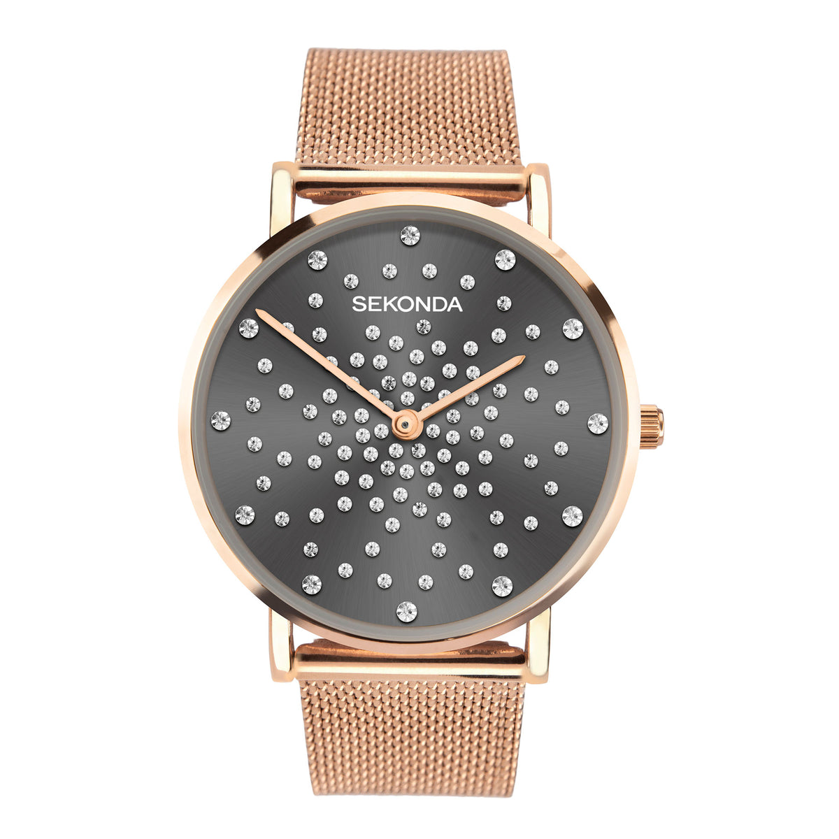 Ladies Sekonda round quartz watch, black dial with dot hour markers, rose gold mesh bracelet
