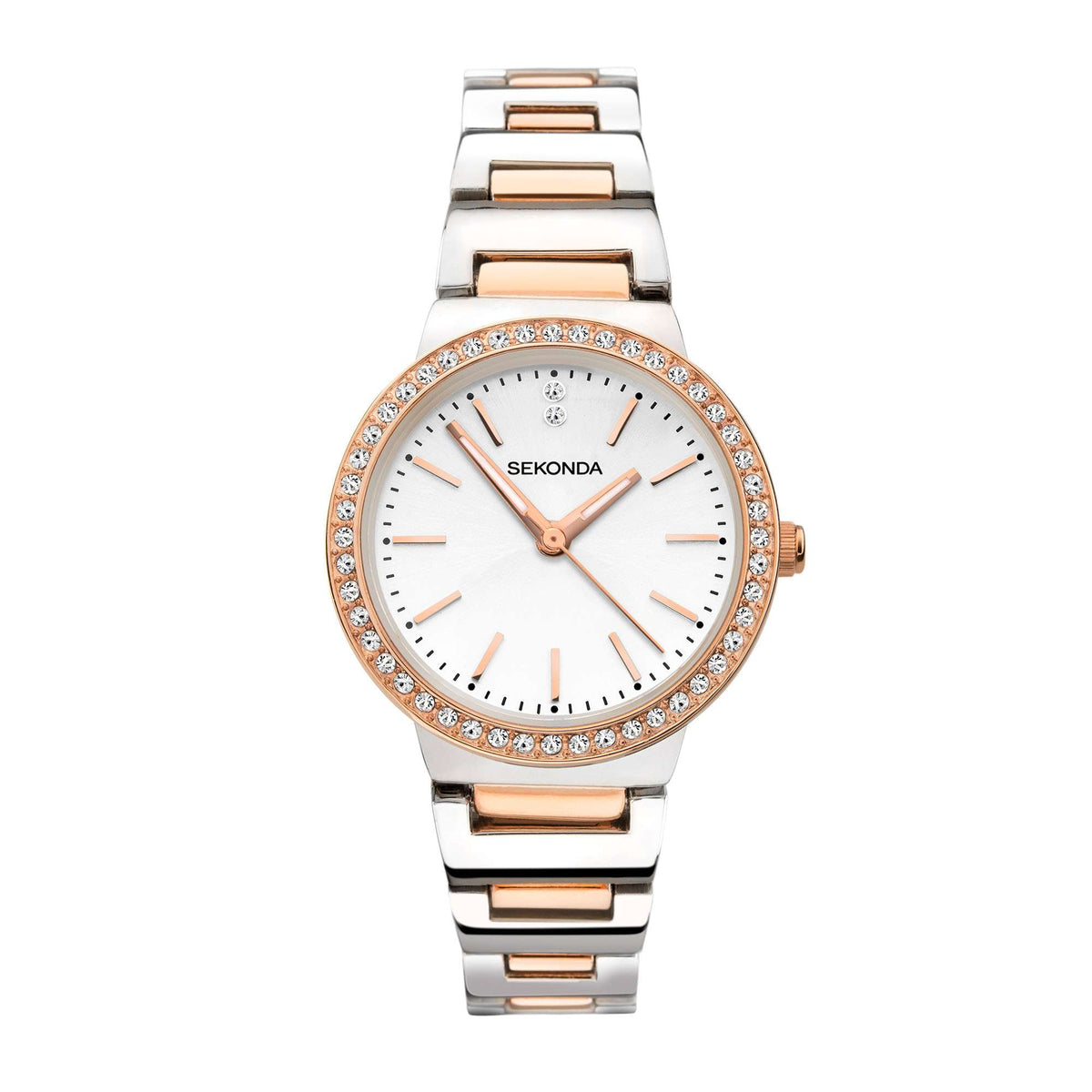 Sekonda ladies two-tone wristwatch with white dial, rose bezel details, stainless bracelet