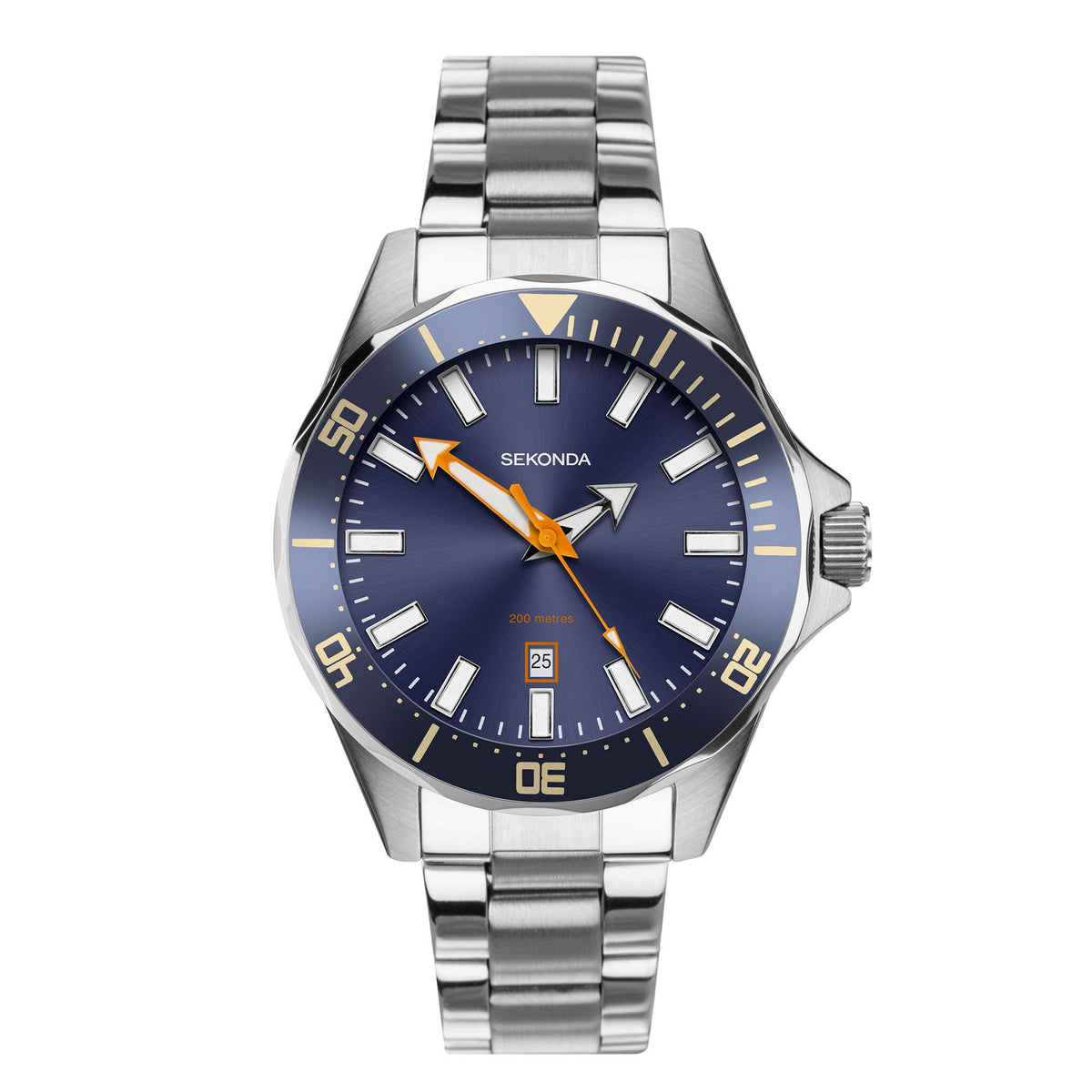 Men's stainless steel bracelet watch with blue dial, gold-tone accents, baton markers