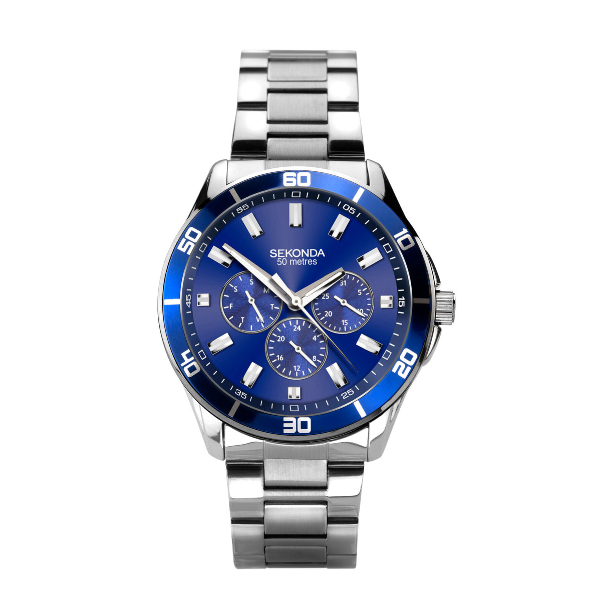 Men's stainless steel quartz watch with blue dial and chronograph subdials, crown