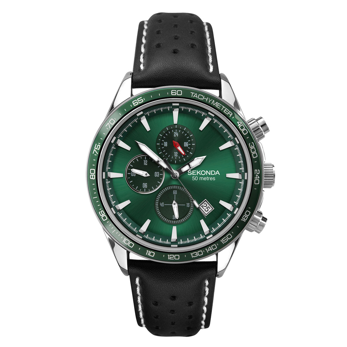 Men’s Sekonda quartz watch: green dial with chronograph style subdials, tachymeter ring, black leather