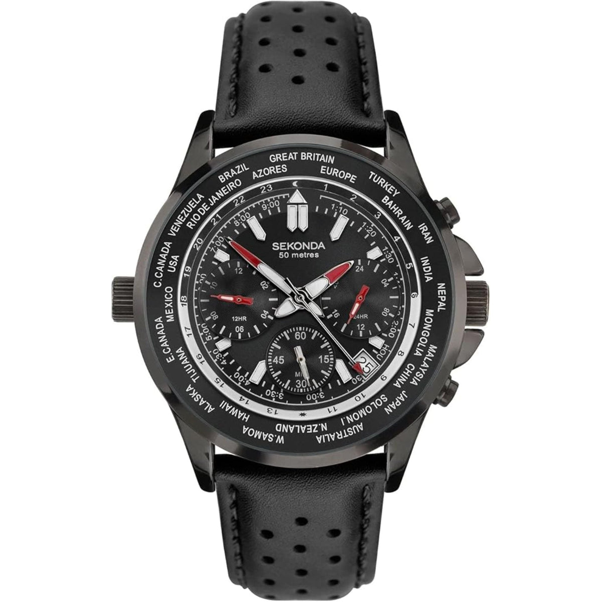 Men's quartz wristwatch with black chronograph-style dial and perforated black leather strap