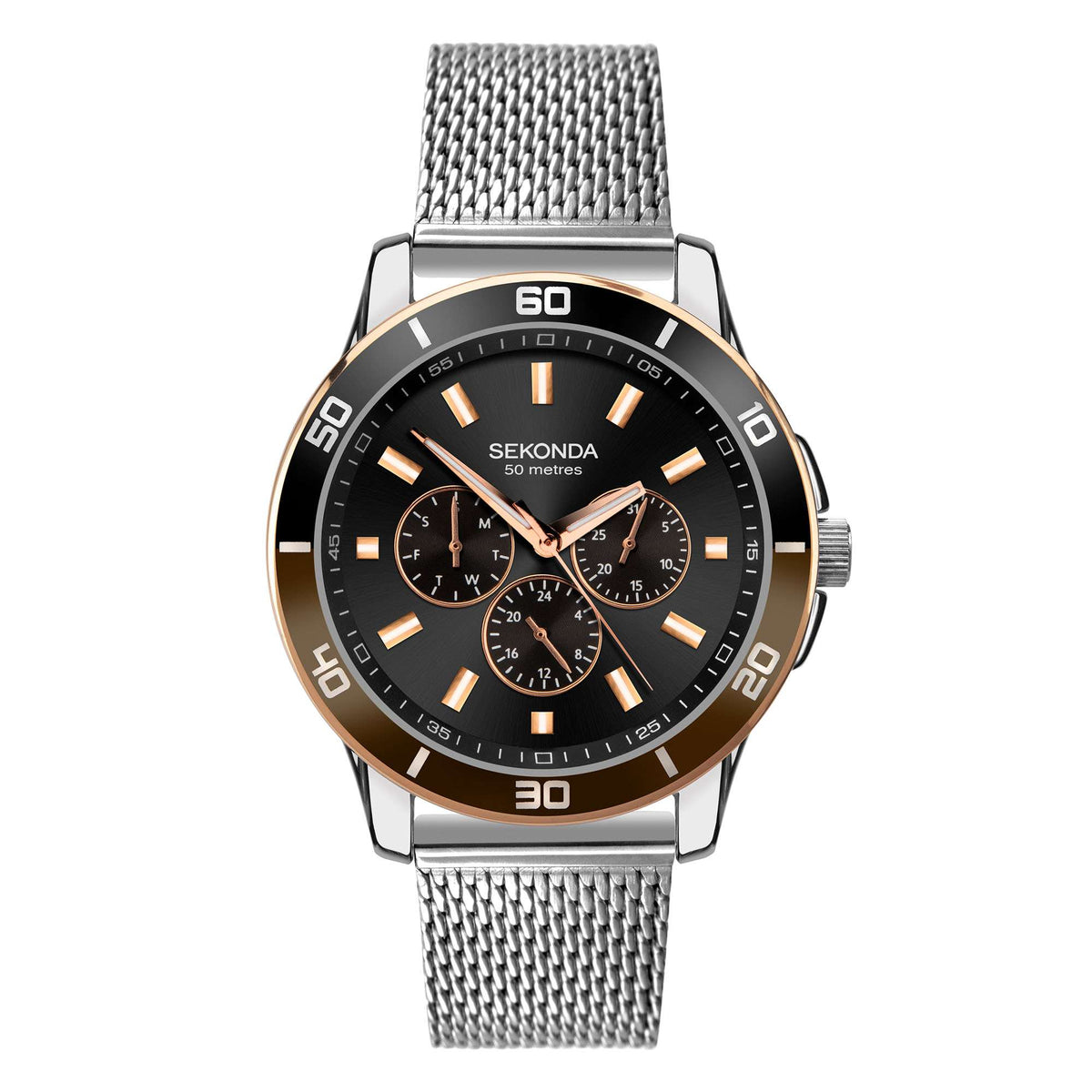 Men's quartz wristwatch featuring black dial, silver mesh bracelet, gold accents, and three subdials
