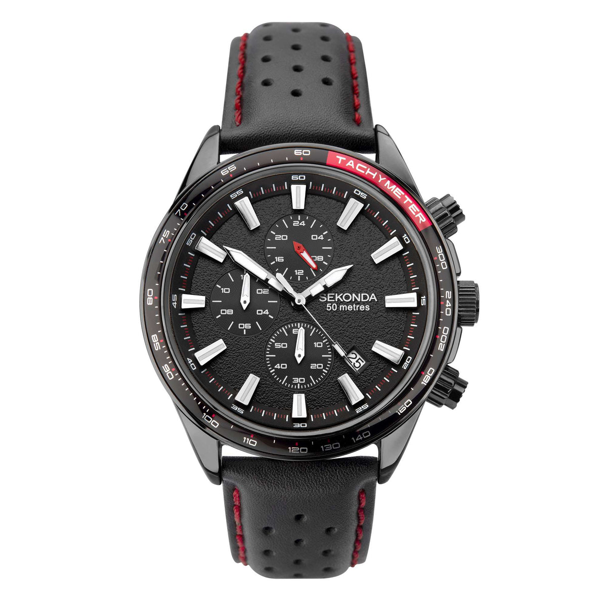 Sekonda men's watch with black dial chronograph, black leather strap, red stitching