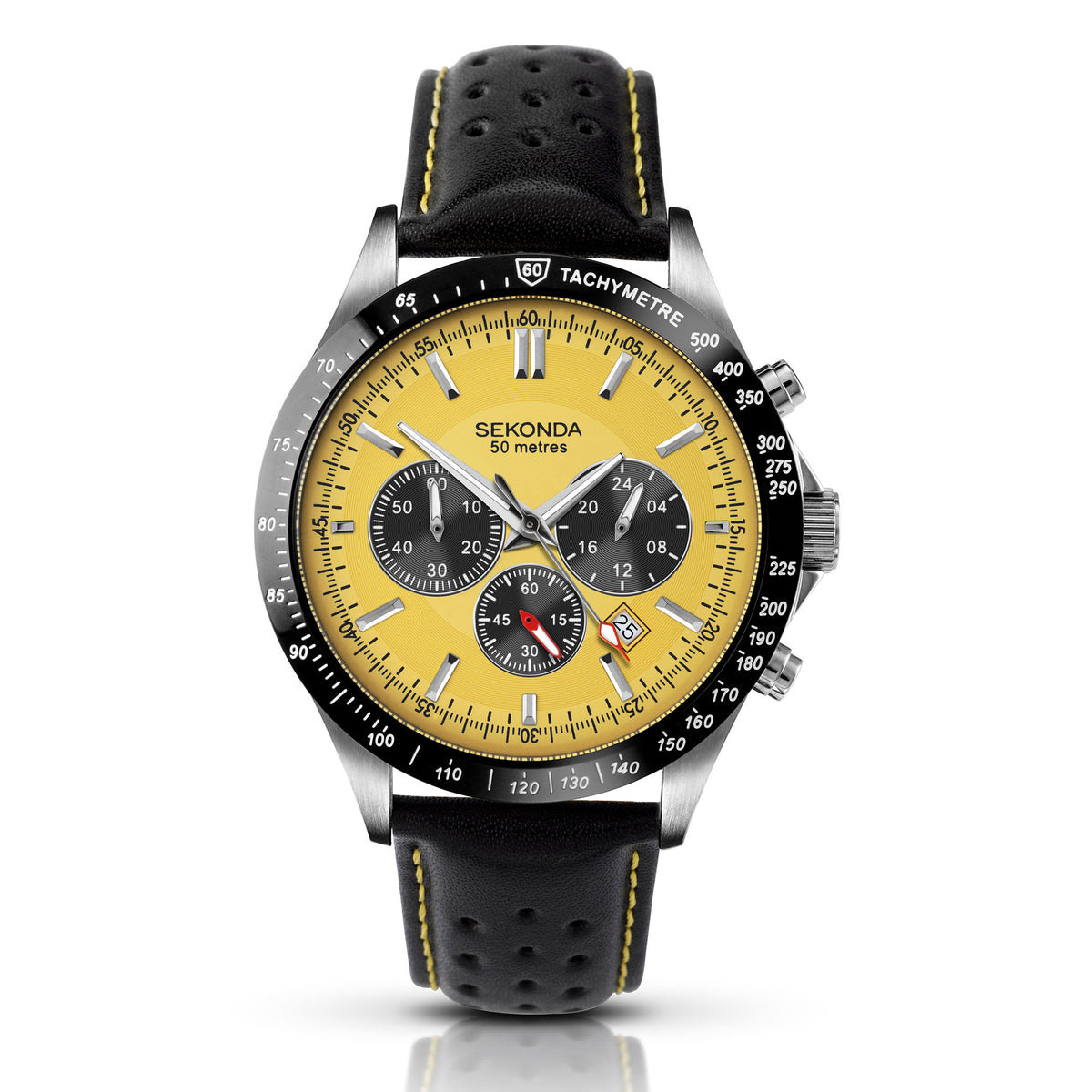 Sekonda chronograph wristwatch with round silver case, yellow dial, black leather strap