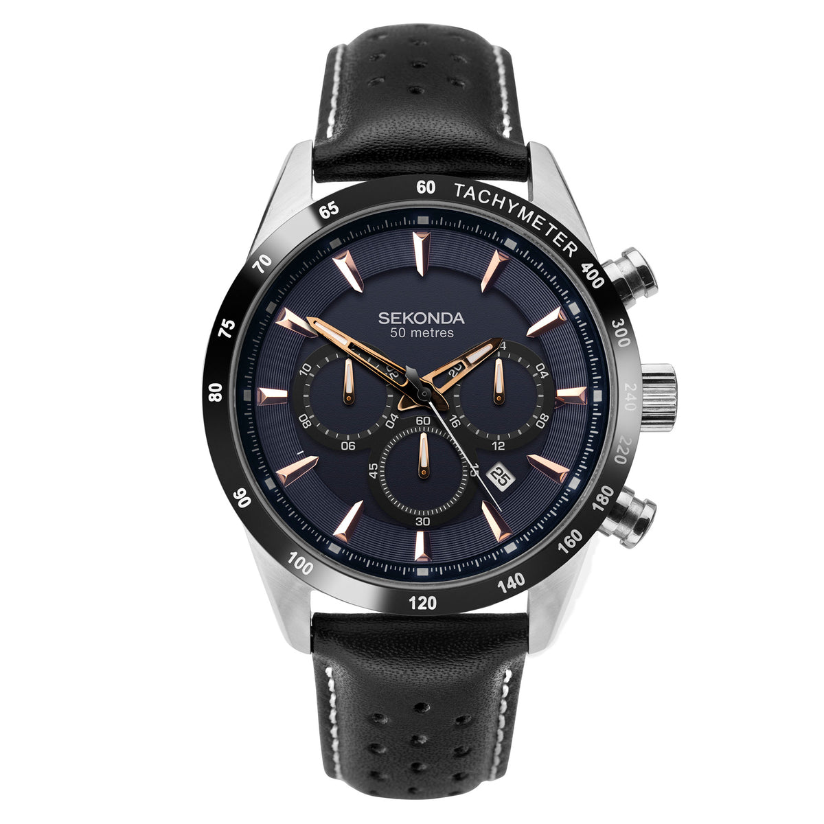 Black chronograph wristwatch with subdials, tachymeter ring, stainless case, leather band