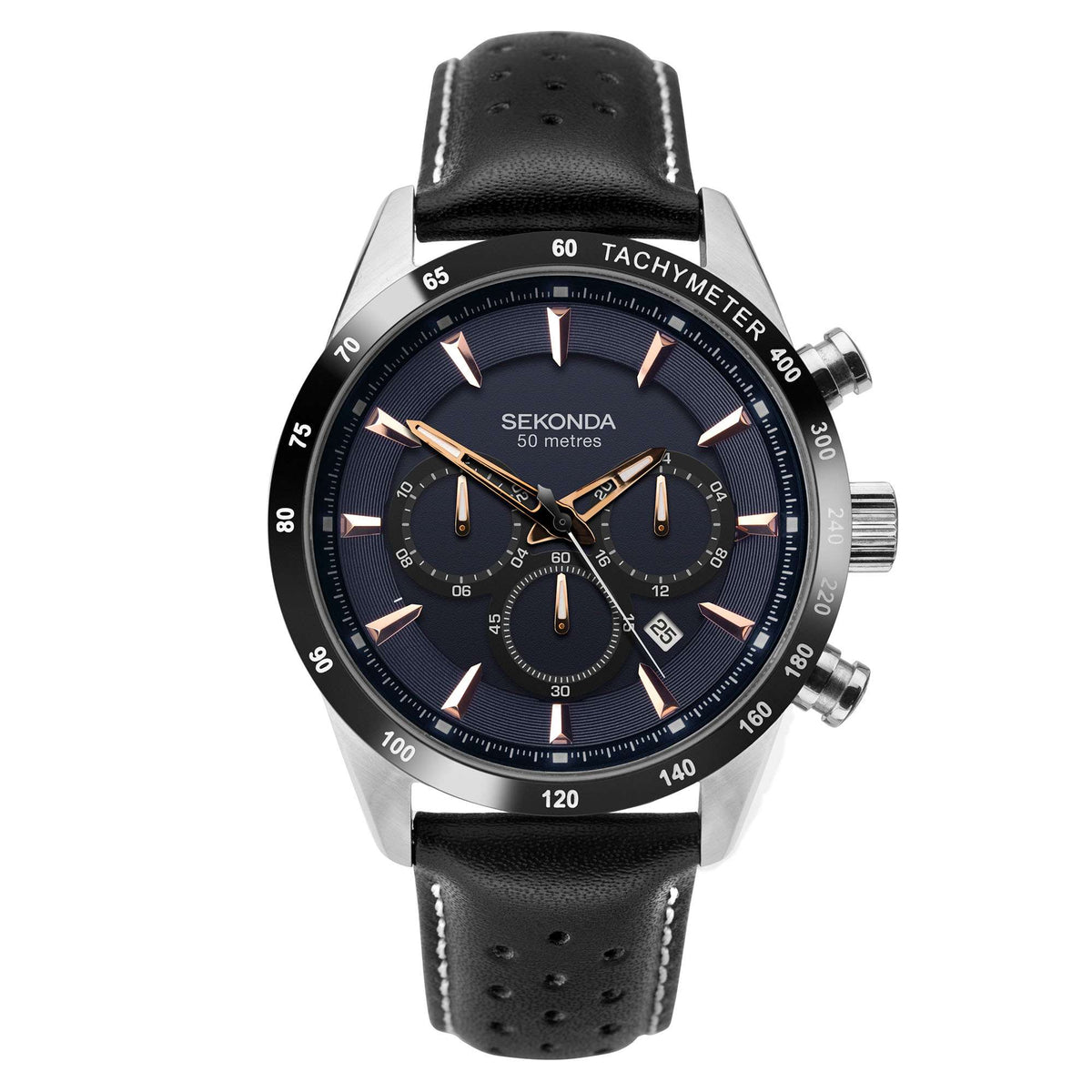 Stainless chronograph watch with black dial and perforated leather strap, tachymeter bezel