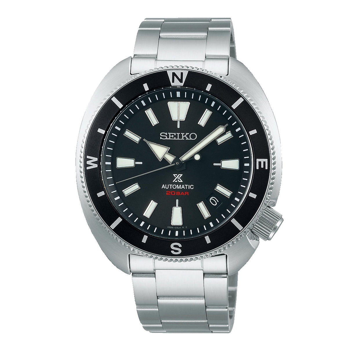 Men's stainless steel automatic watch front view with black dial and black bezel