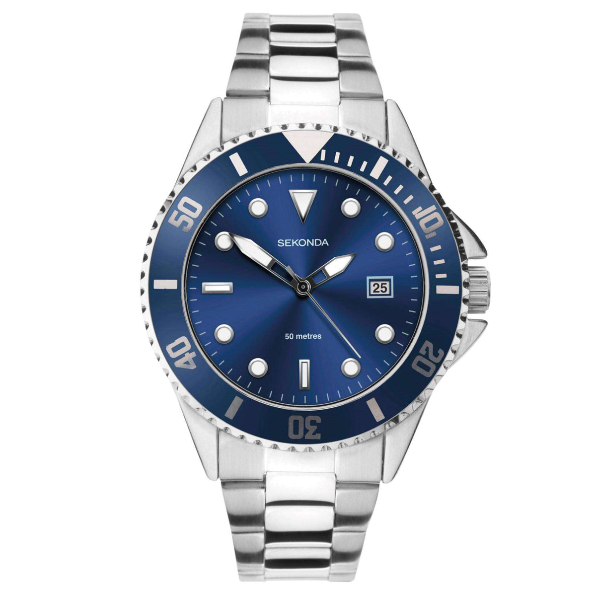 Stainless steel bracelet men’s quartz watch with blue dial, triangular marker hands, date window.