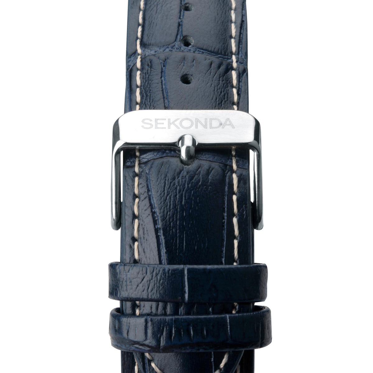 Blue leather watch strap with stitched edges and silver buckle, underside of men’s watch case