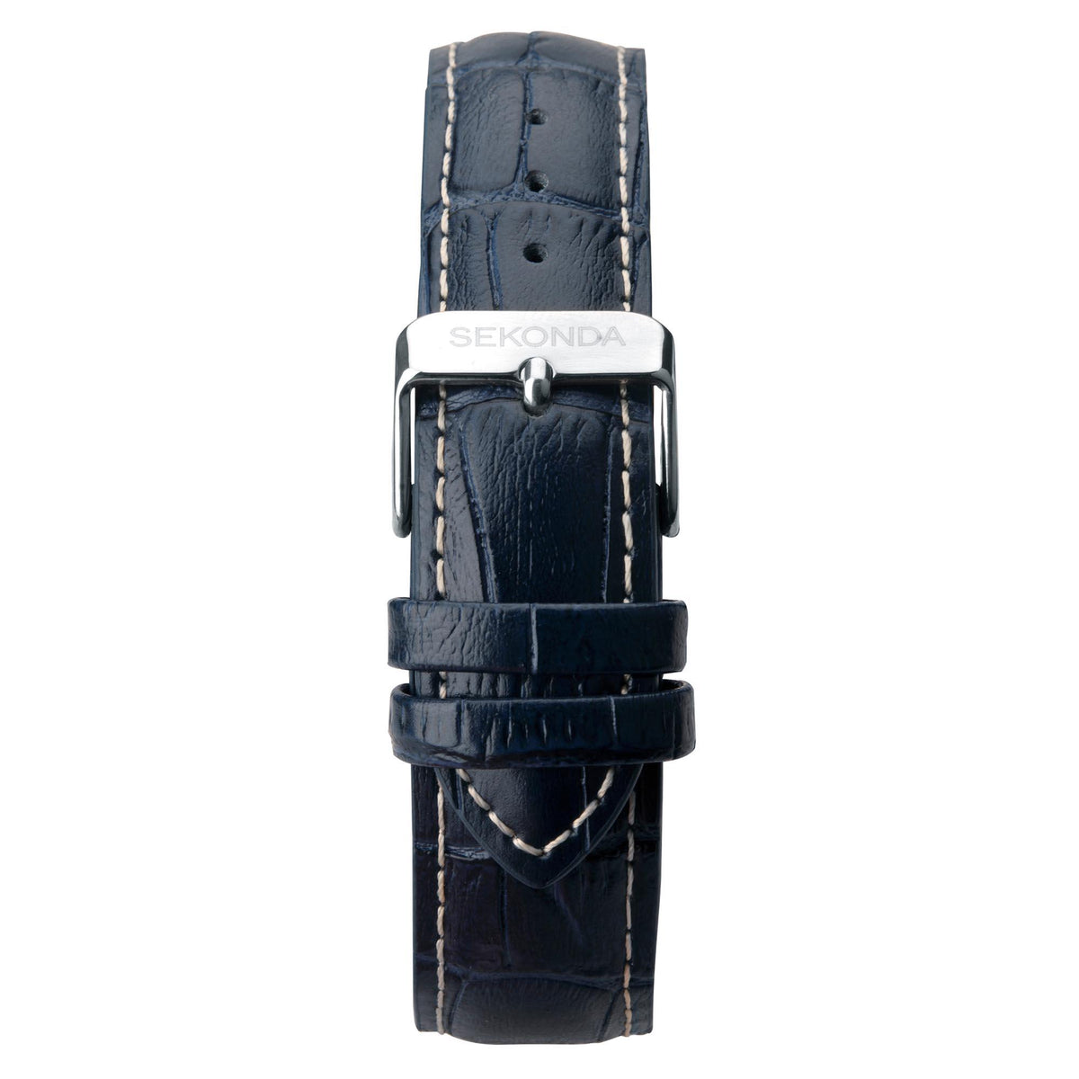 Blue crocodile-style leather watch strap with stitched edges and silver buckle hardware