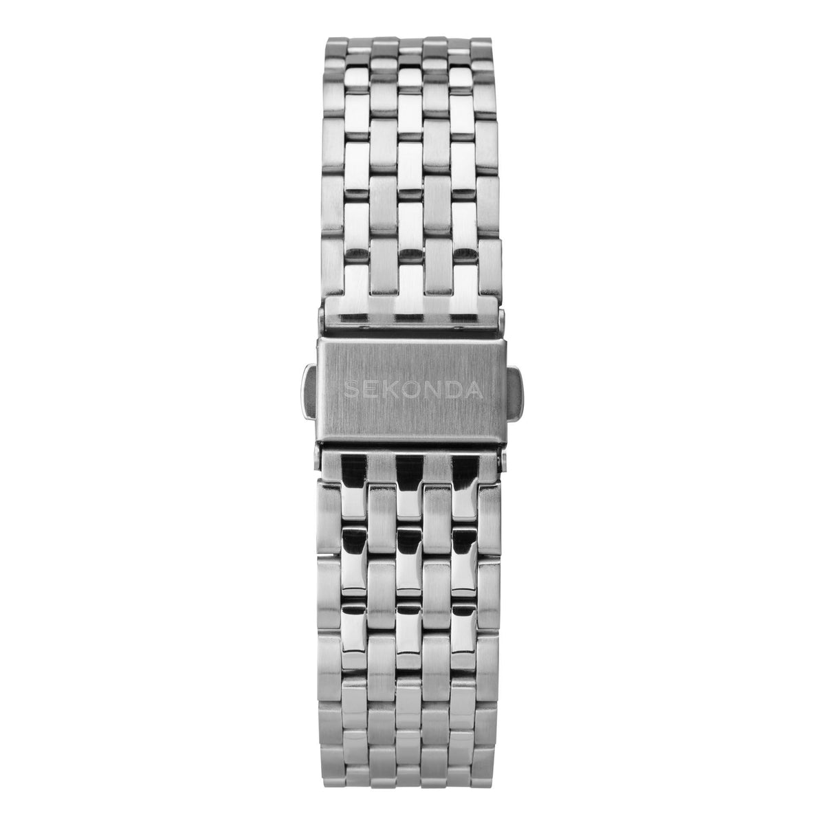 Men's stainless steel bracelet watch with clasp and ridged caseback on the back view