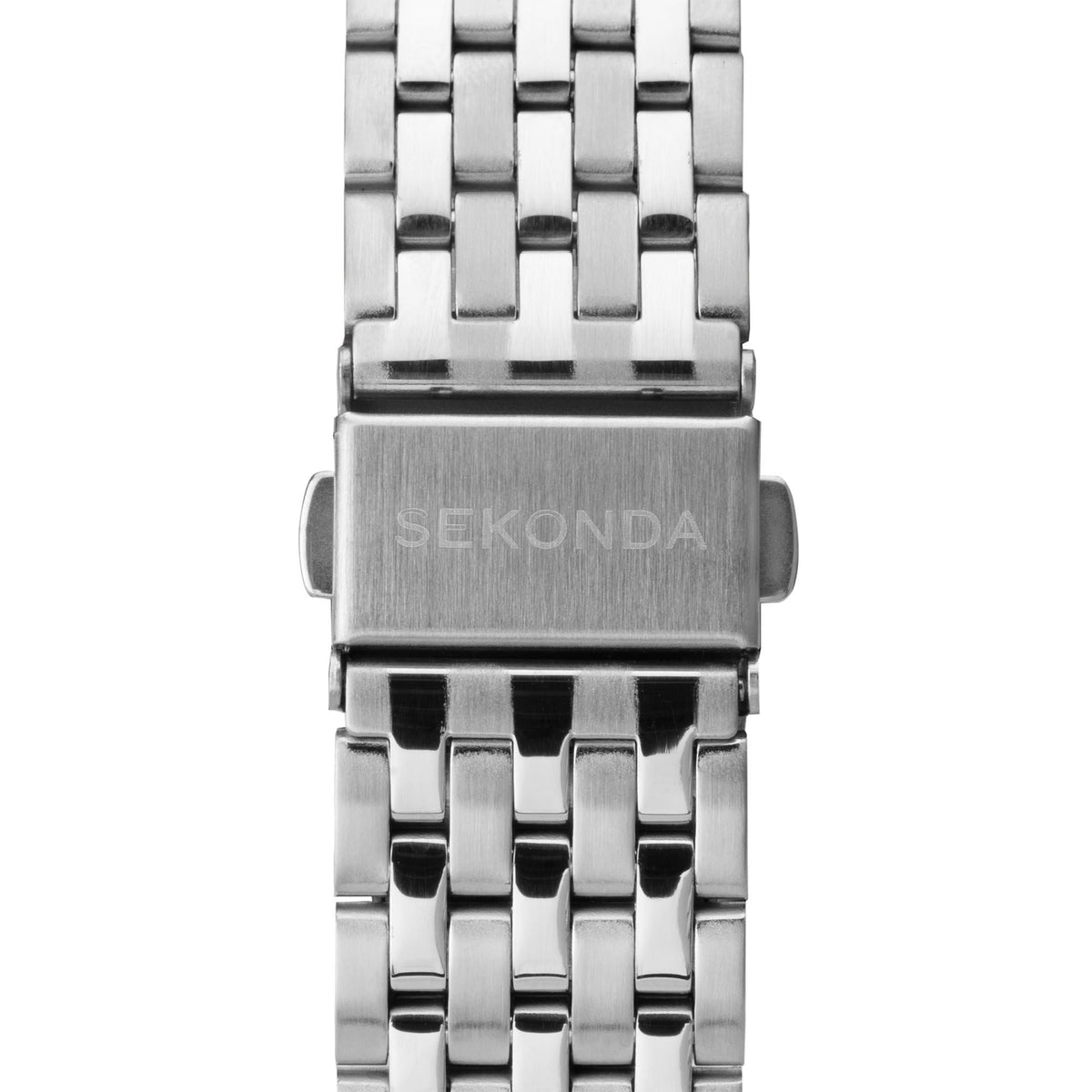 Stainless steel bracelet watch clasp and engraved caseback with alternating polished links