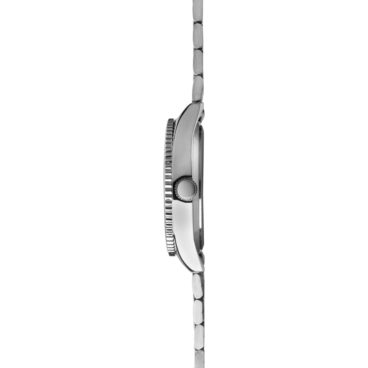 Stainless steel bracelet watch side view with crown and knurled bezel detail