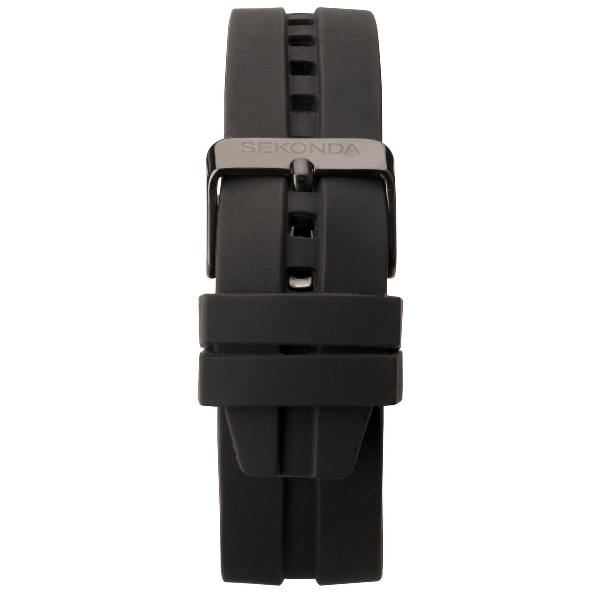 Men's black rubber watch strap with clasp and center pin view