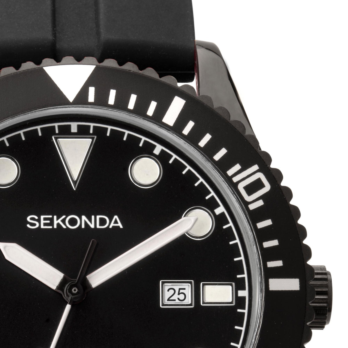 Sekonda black dial bezel close-up with white hands, date window, and markers