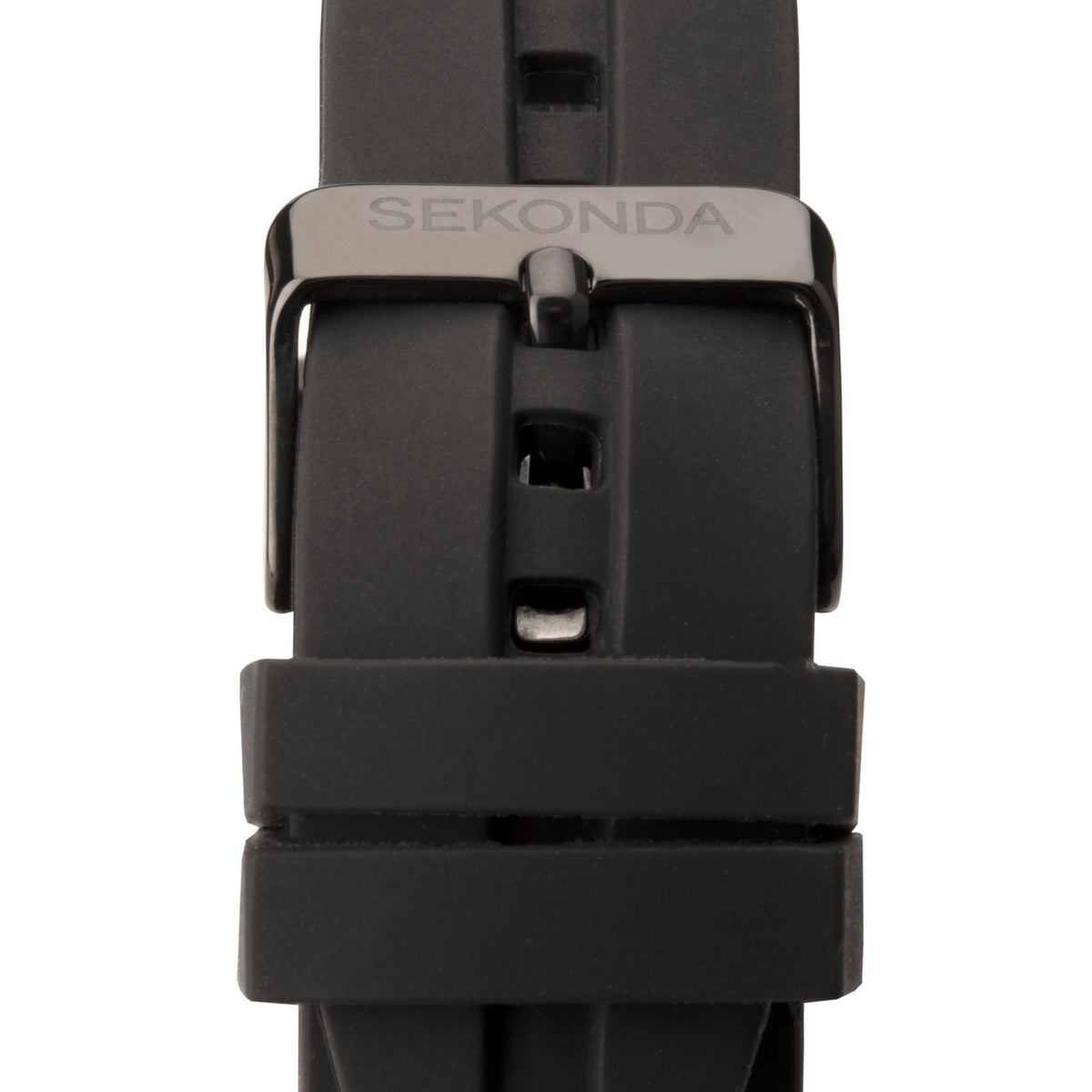 Men's black rubber-strap dive-style watch, black dial, case close-up and clasp detail