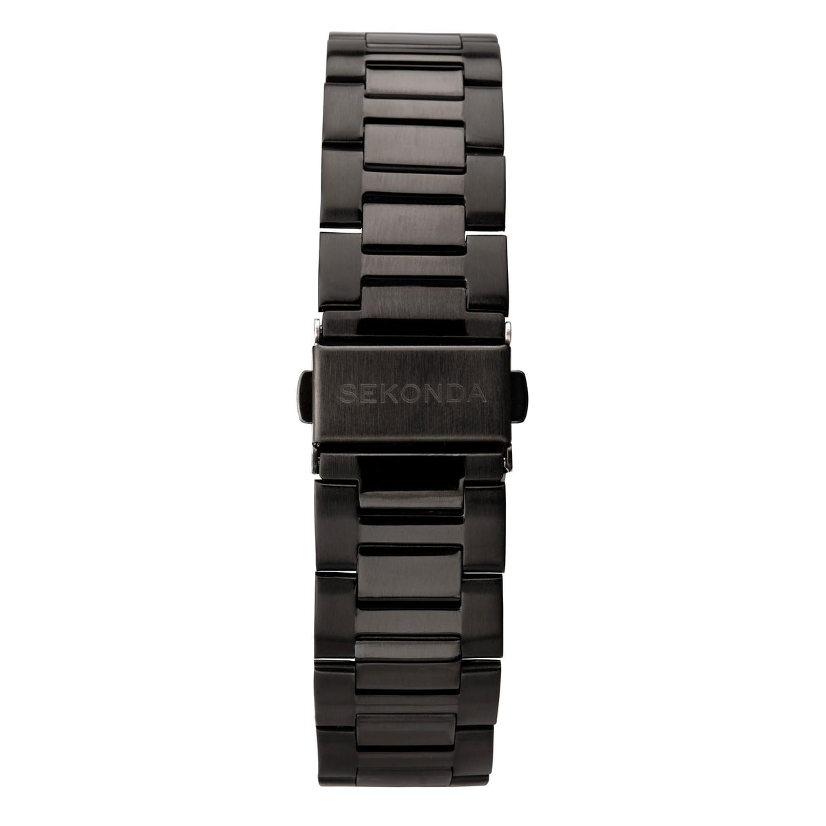Black steel bracelet watch with clasp and link details, dial not visible