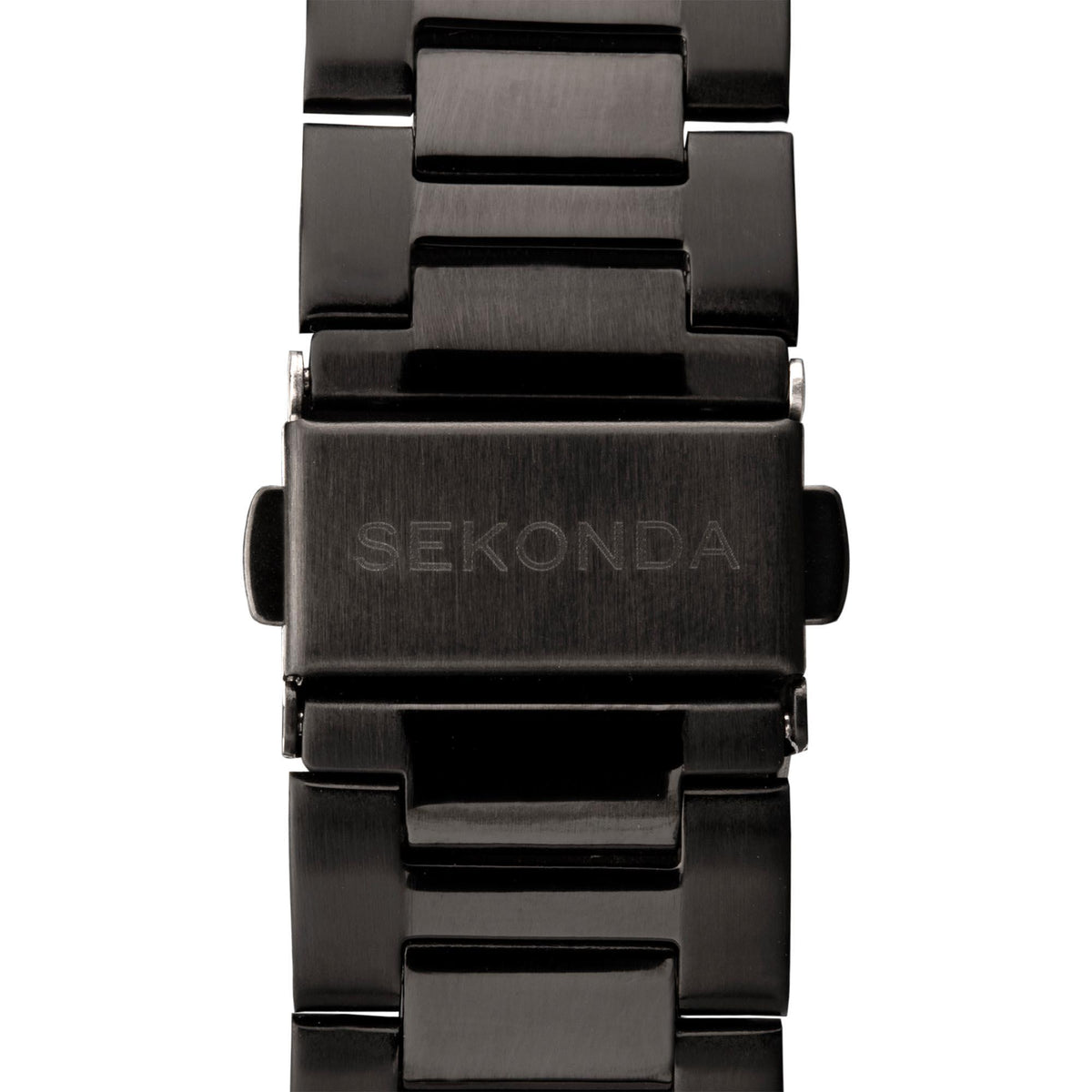 Black steel watch clasp with Sekonda engraving and detailed link segments