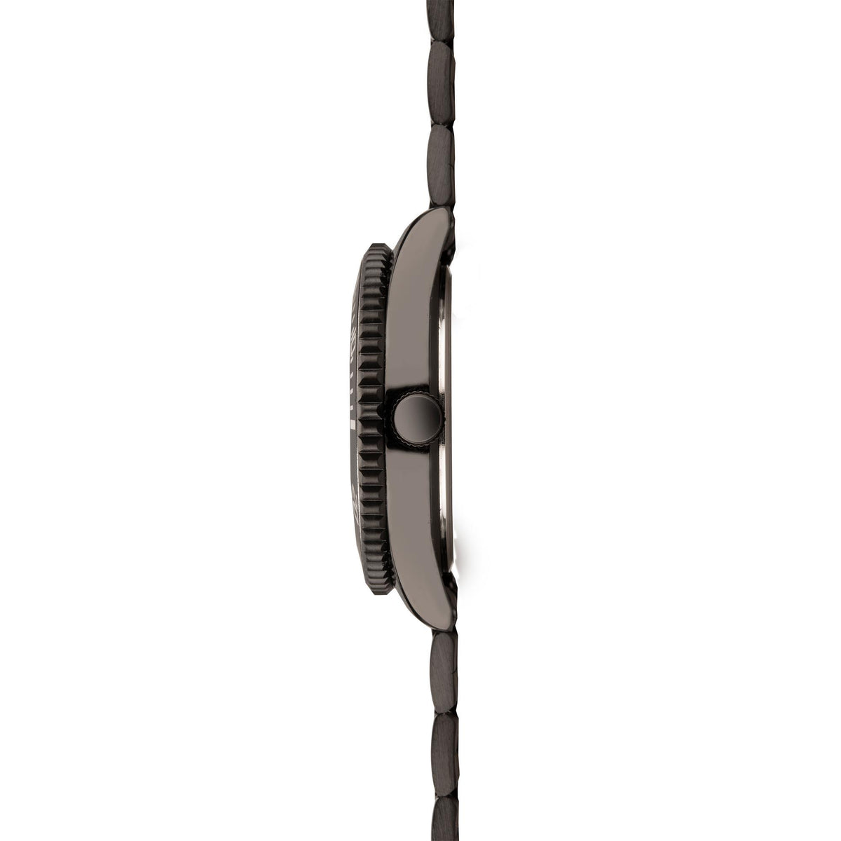 Black dive-style watch profile with textured bezel edge and side crown
