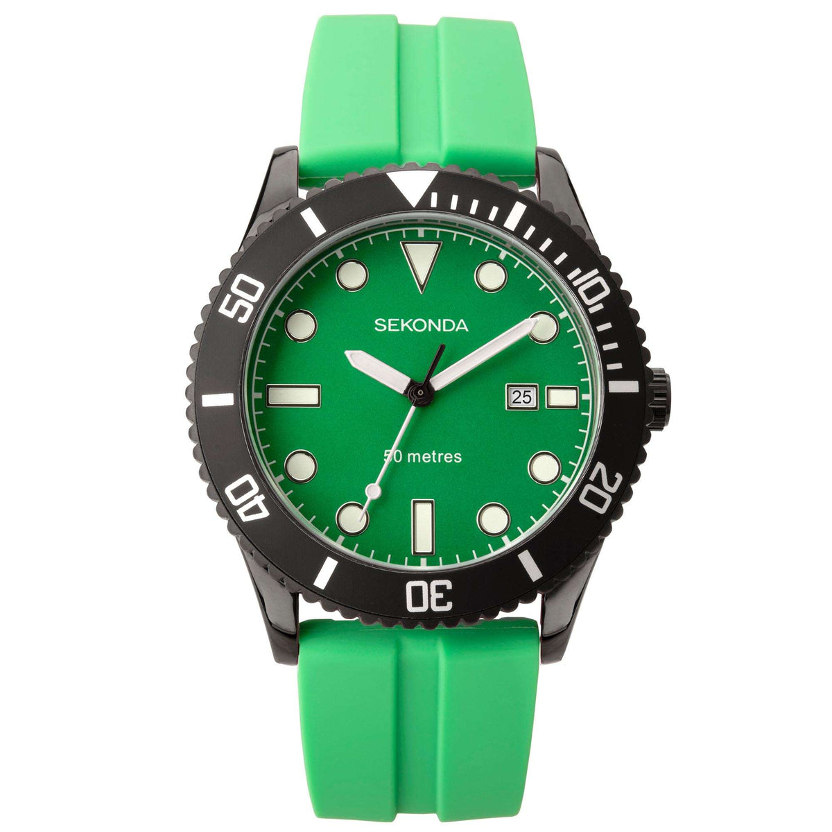 Men's dive-style watch with green dial, luminous hands, and green rubber strap