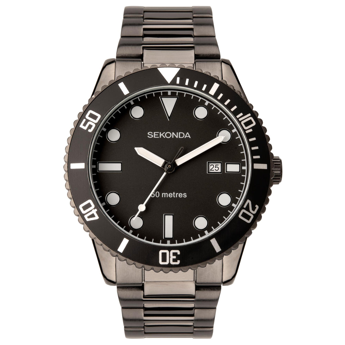 Men's stainless steel watch, black dial with bold hands and bezel minute numbers