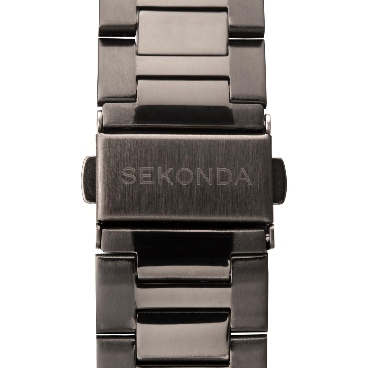 Men's Sekonda stainless steel bracelet watch close-up of clasp with logo.