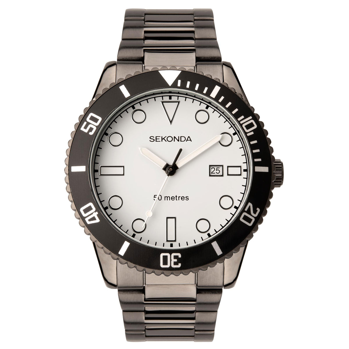Men's quartz sports watch with white dial and black rotating bezel, gun metal steel strap.