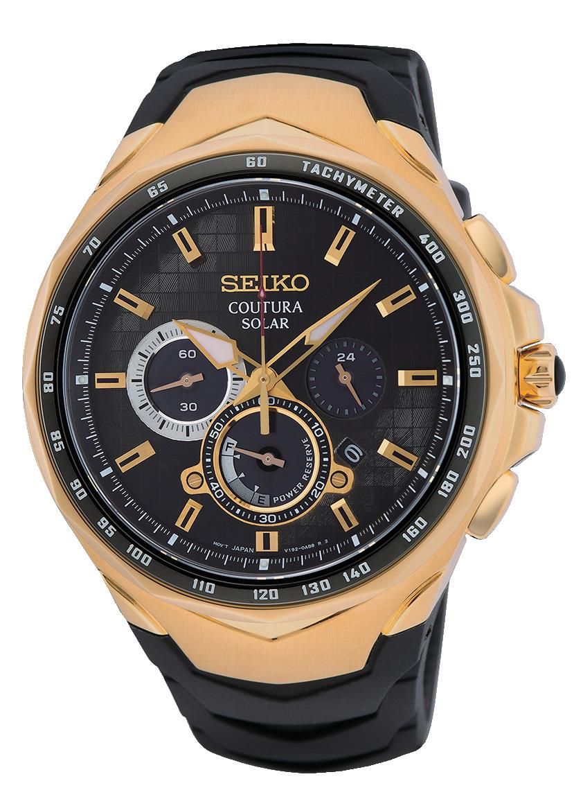 Mens solar chronograph watch with black dial, gold-tone case, and black silicone strap