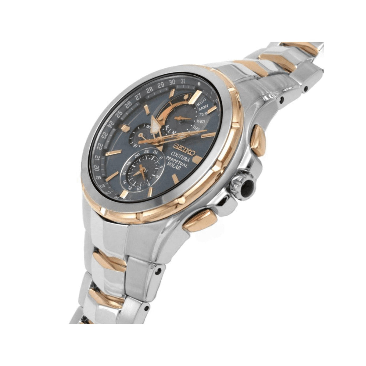 Two-tone stainless steel men's solar quartz watch, bracelet side view with crown and bezel