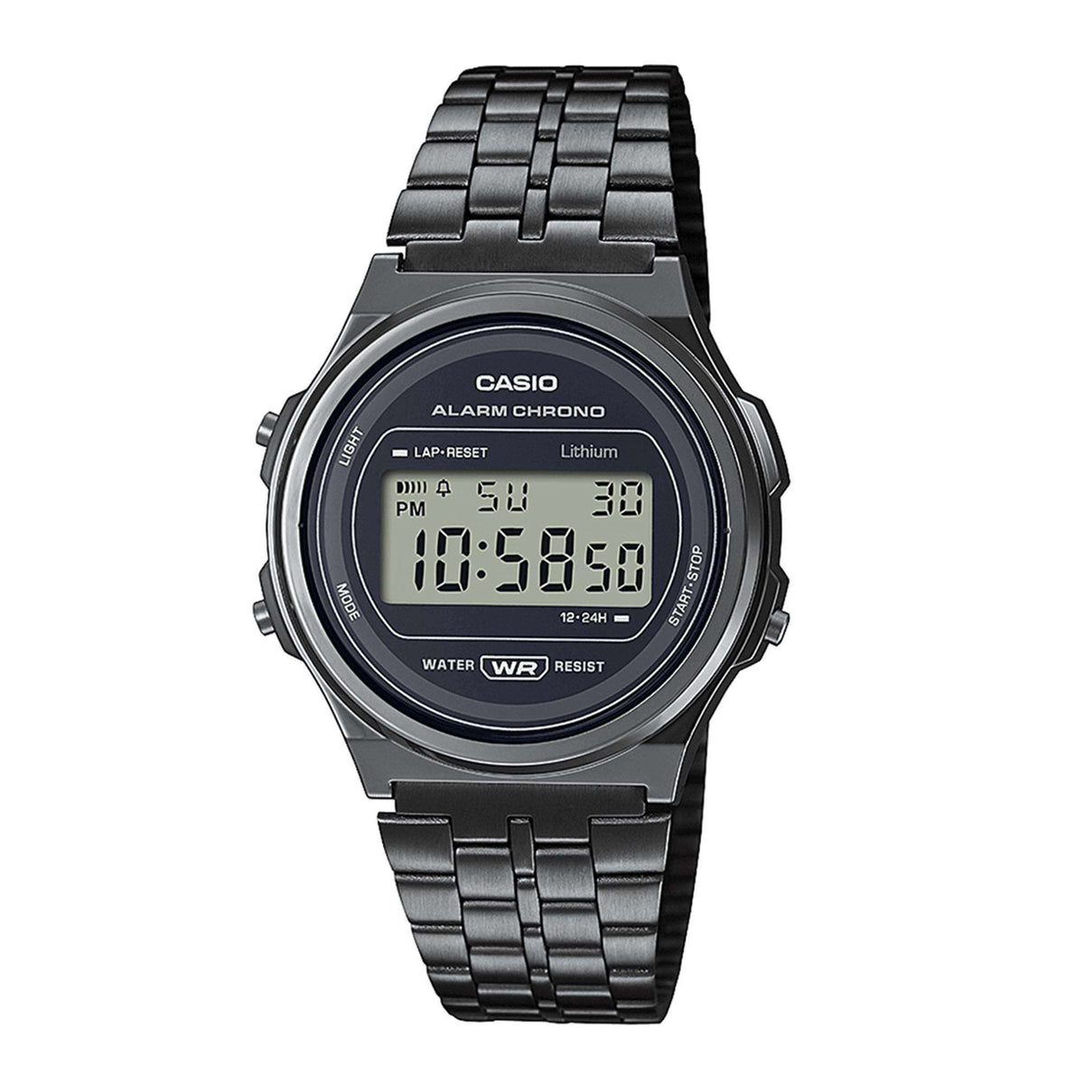 Men's gunmetal PVD steel digital quartz watch, black face, stainless bracelet strap
