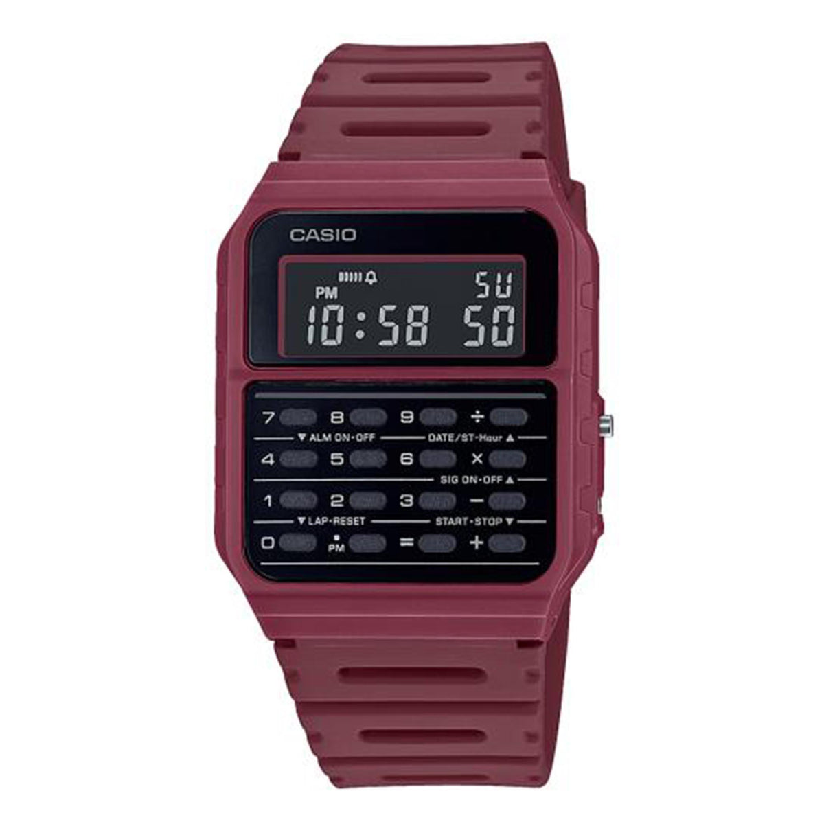 Casio vintage calculator watch, digital screen with dark red resin band