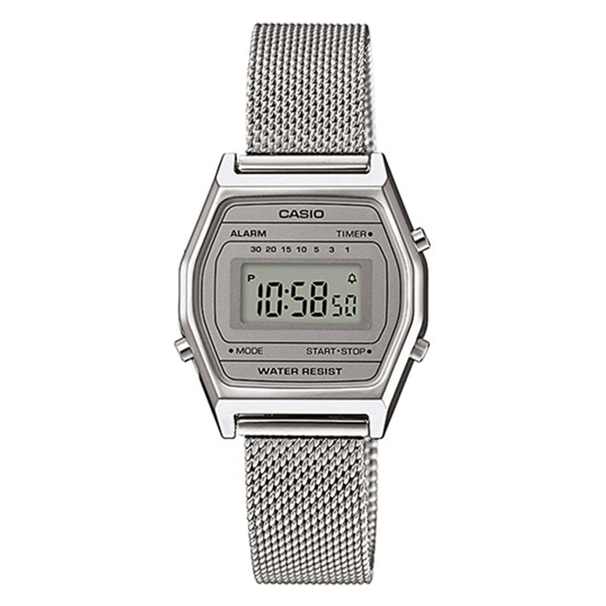 Silver quartz digital watch with mesh bracelet, rectangular face showing 10:58:58