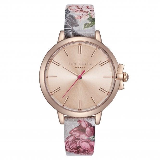 Ladies rose gold tone quartz watch, front view, pink dial and floral fabric strap