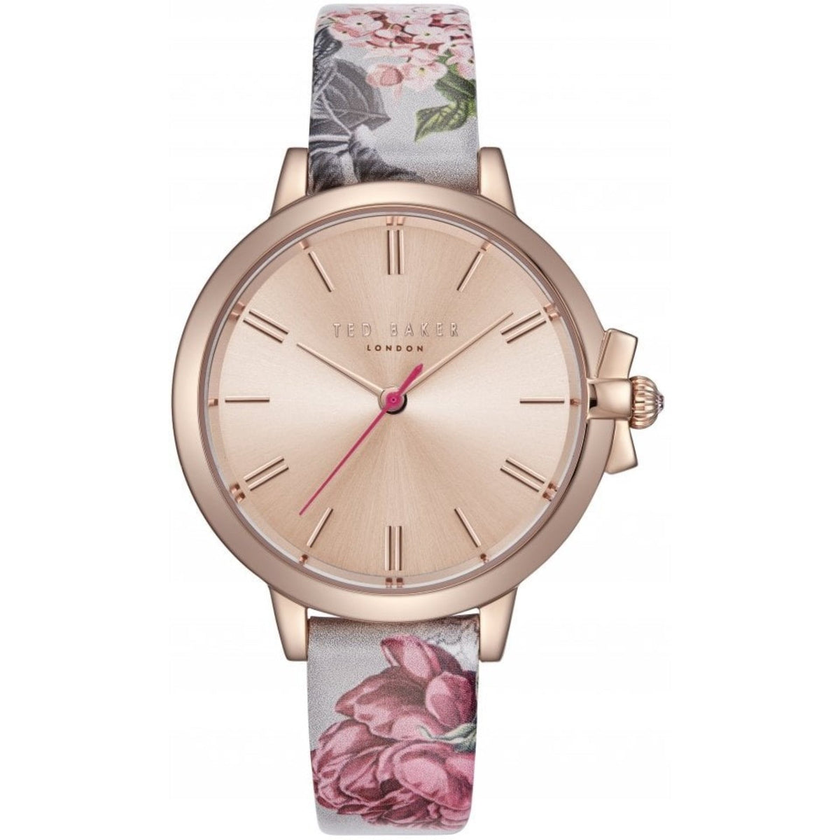 Ladies rose gold tone quartz watch with pink dial and floral strap, crown on right