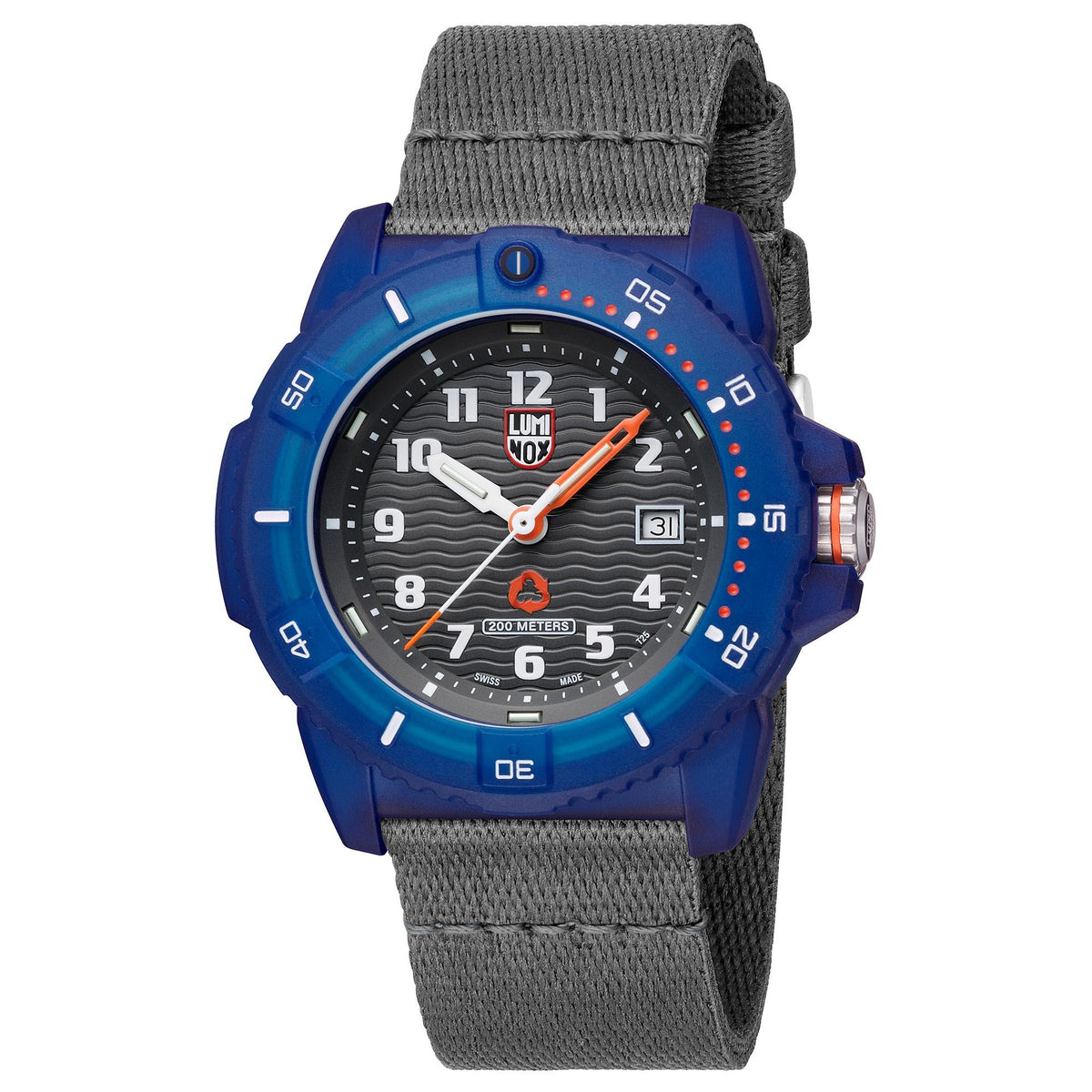 Men's Luminox watch front view: black dial, orange hands, grey nylon strap, date at 3