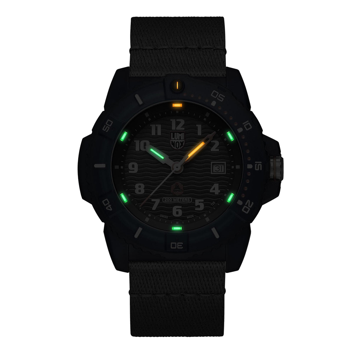 Men's quartz wristwatch with dark dial, luminous hands, and black nylon strap.