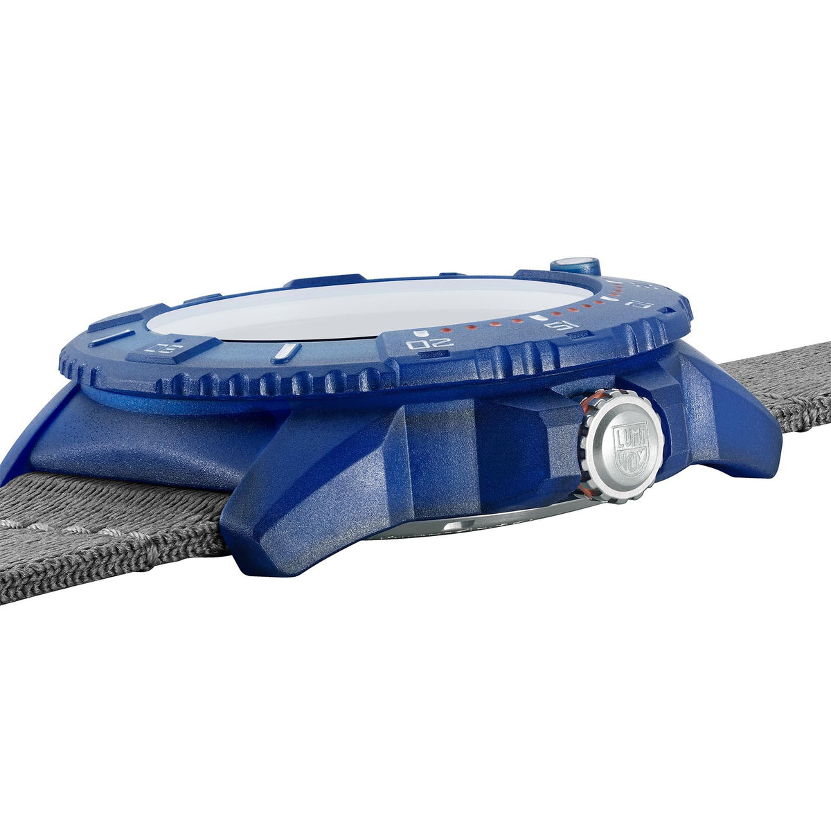 Men's quartz watch side view with blue case, crown, and gray nylon strap.