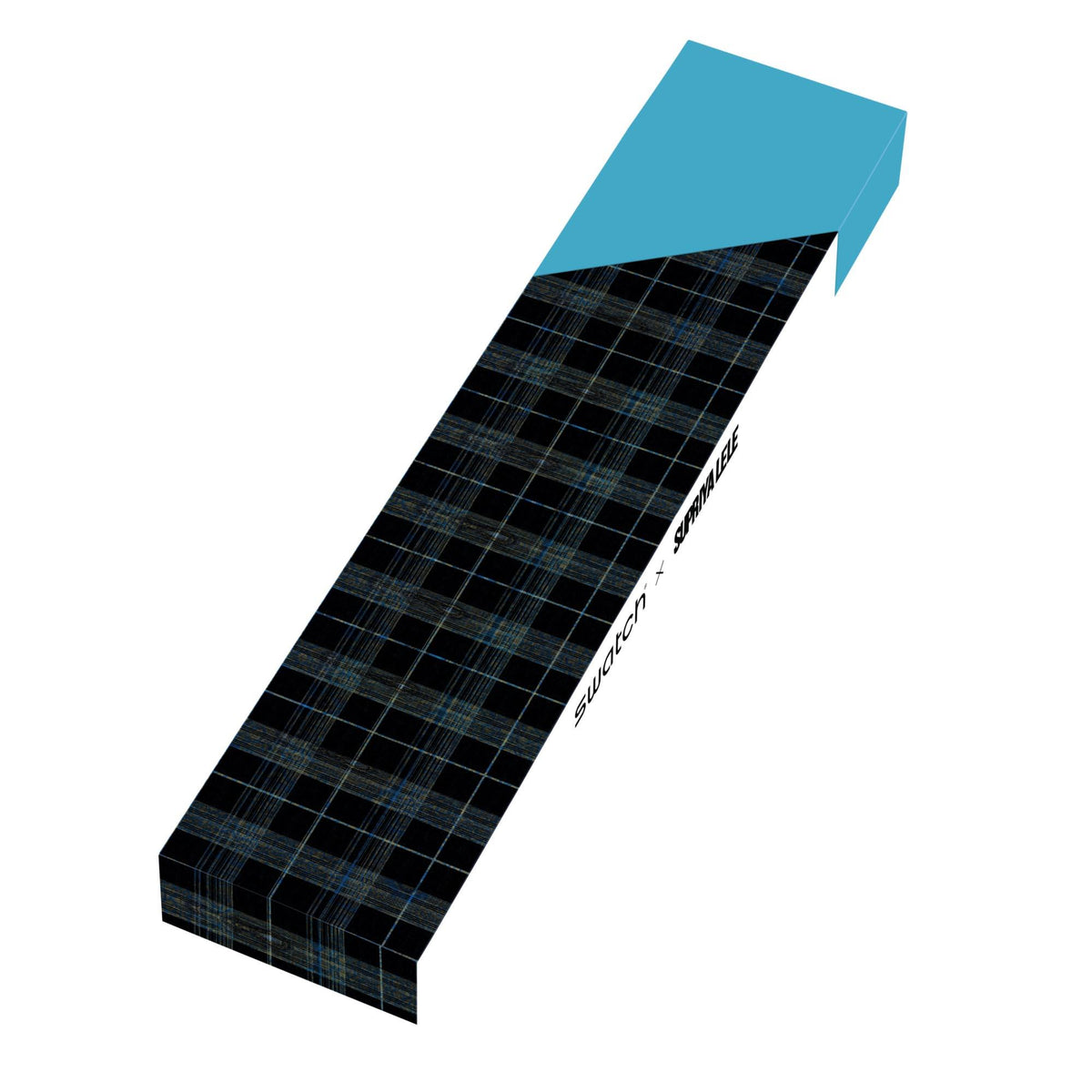 Teal silicone watch strap with dark blue plaid pattern and printed markings.