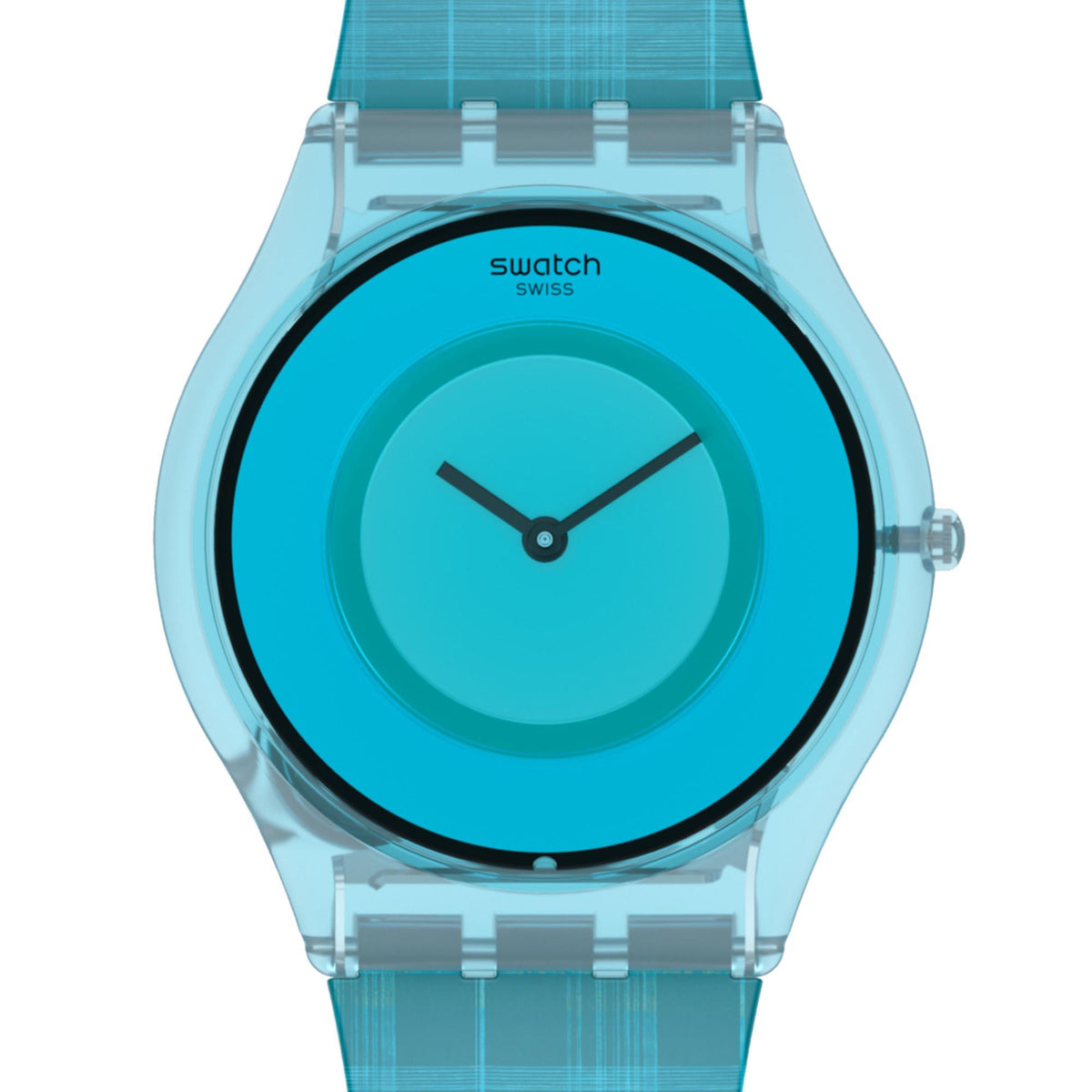 Quartz watch close-up: teal-blue dial, black bezel, and three hands.