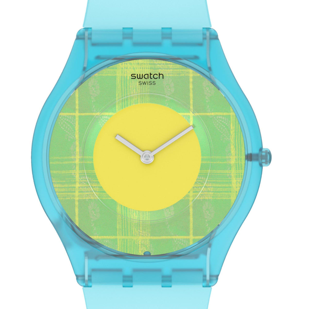 Blue case quartz watch with yellow dial and green grid pattern