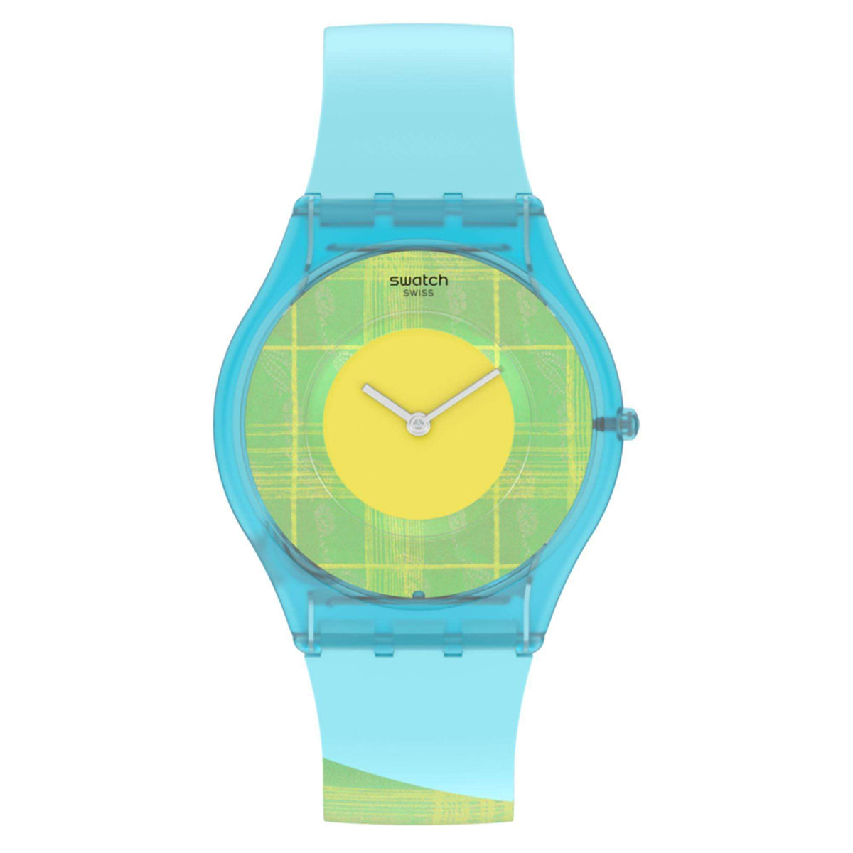 Swatch silicone strap watch front view, light-blue bezel and lime-yellow grid dial
