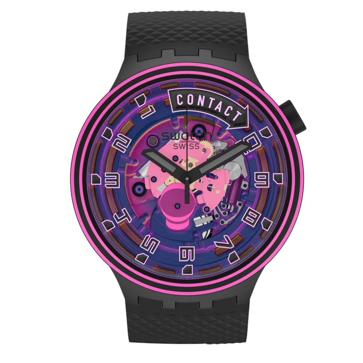Swatch watch front view: transparent purple dial, pink bezel ring, black silicone strap