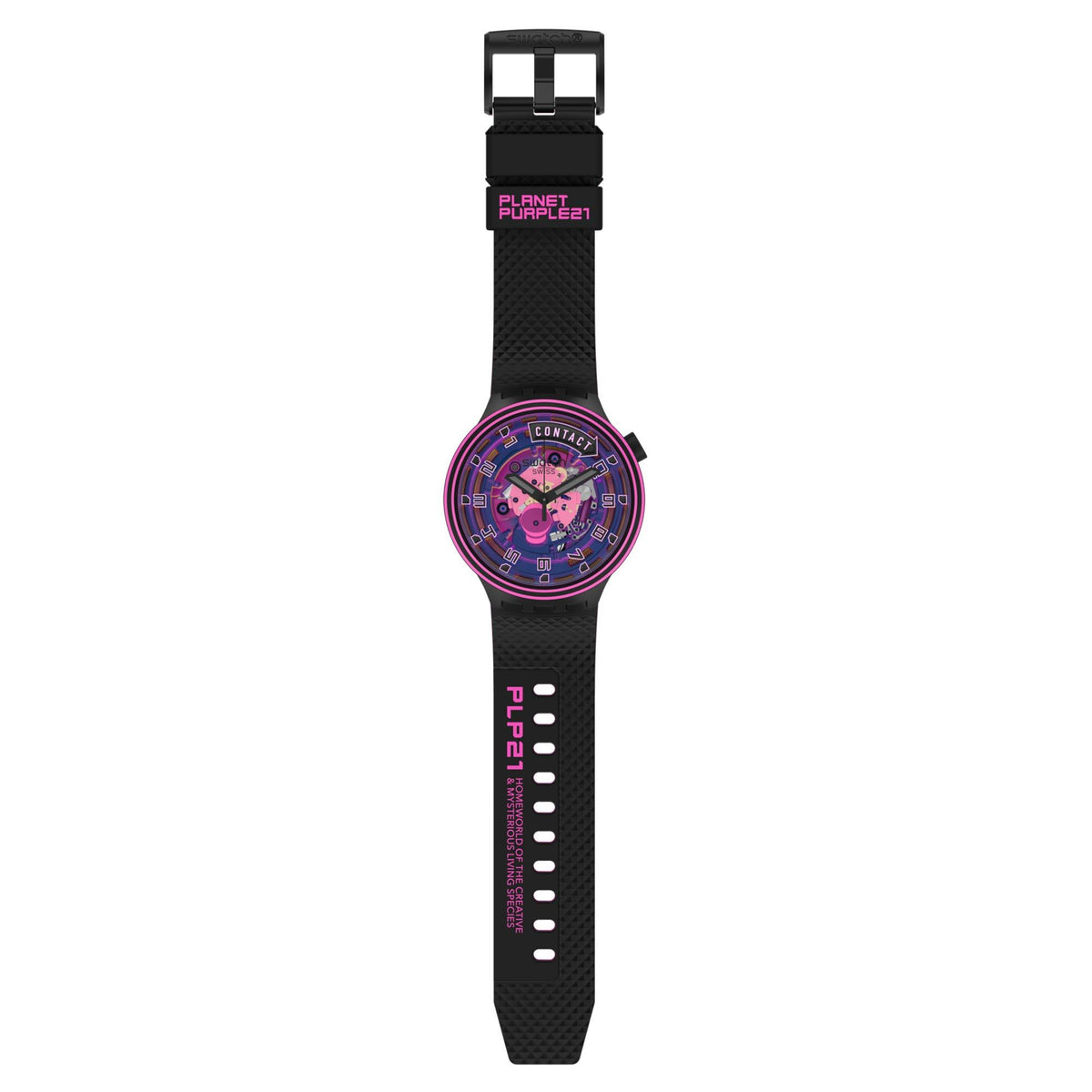 Black silicone strap watch with colorful transparent dial and marker numerals