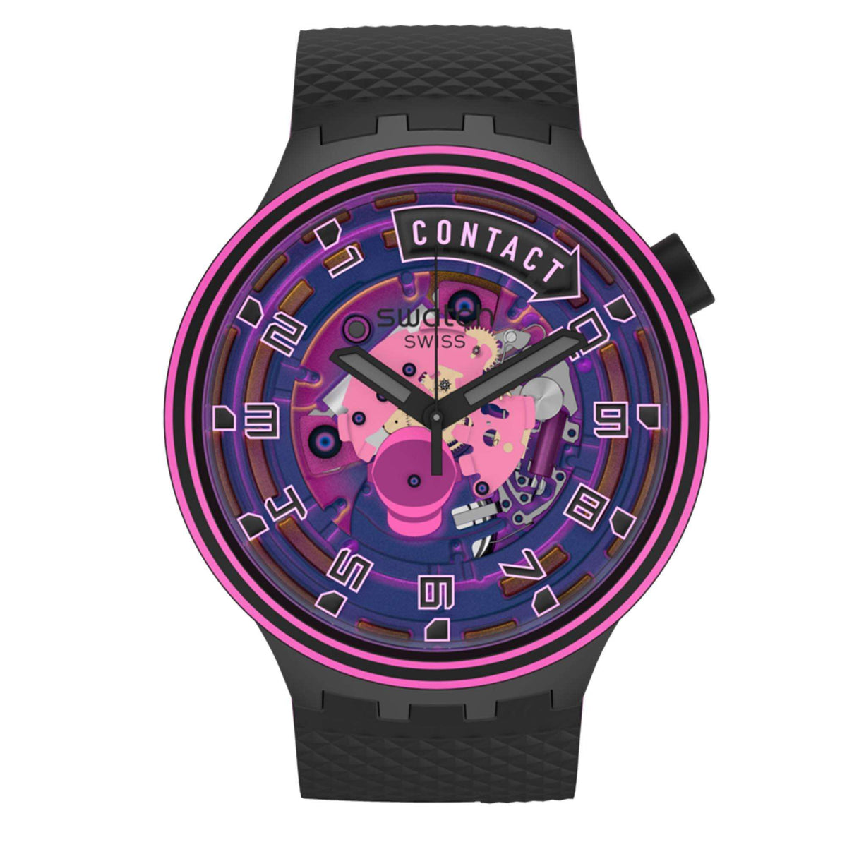 Swatch watch front view with purple-blue transparent dial, pink bezel, black silicone strap