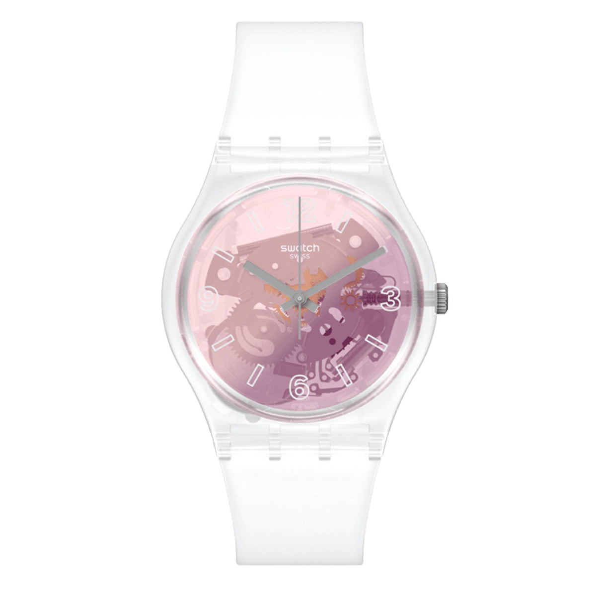 Swatch quartz watch, white silicone strap and round pink dial with decorative gear motif