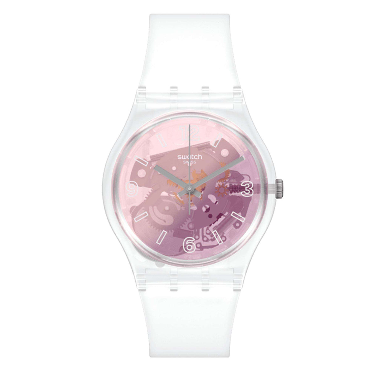 Swatch quartz watch featuring a white silicone strap and pink dial with vivid graphic design