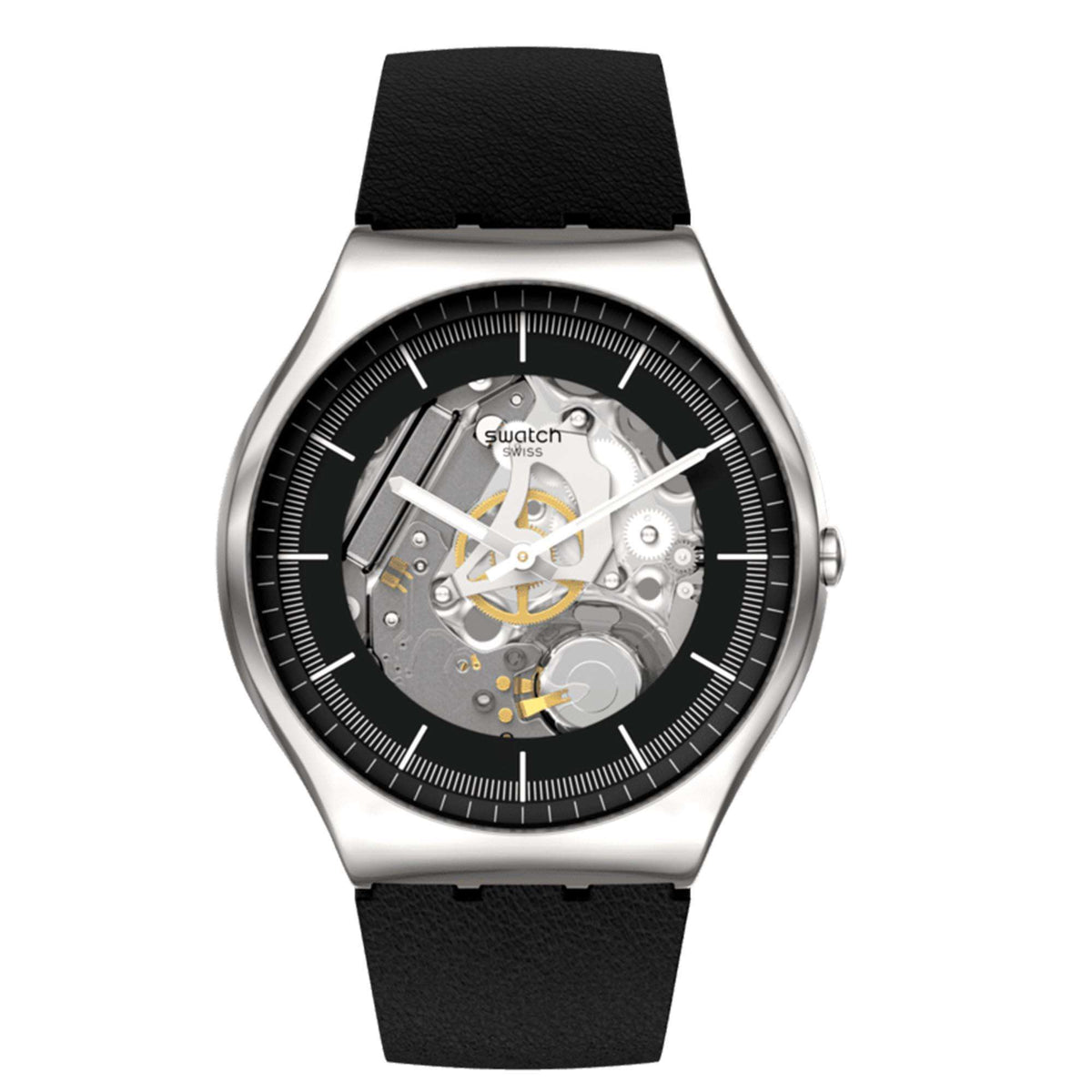 Swatch skeleton watch with black leather strap, round stainless case, black skeleton dial