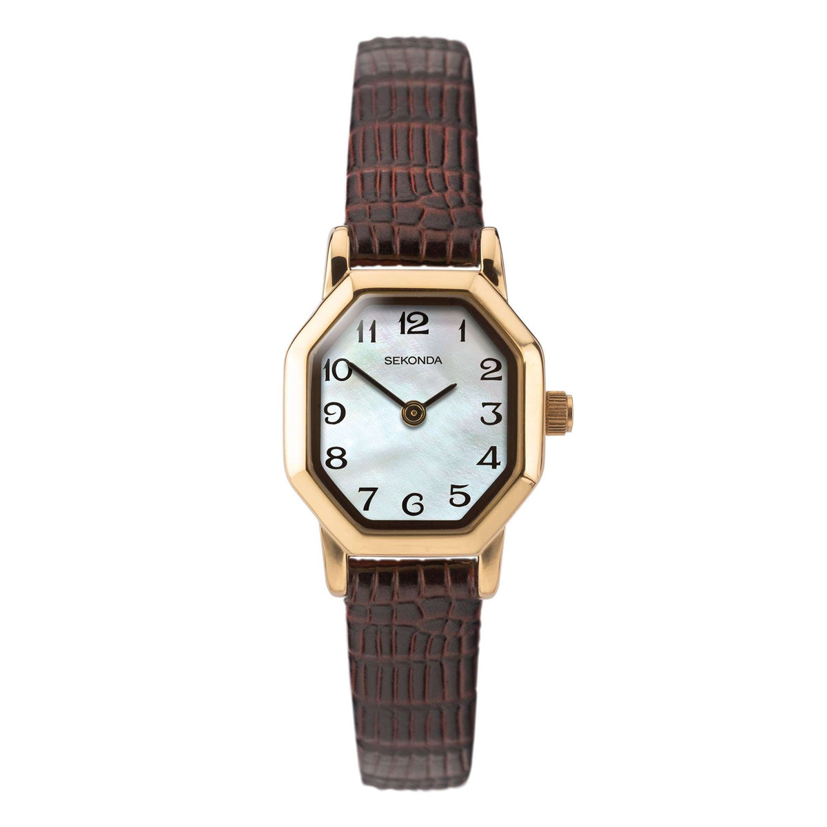 Sekonda wristwatch with octagonal gold case, dark brown leather band, black dial